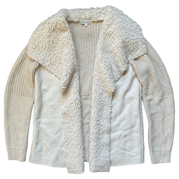 Society 8 Womens Large Jacket Open Front Fleece Collar Faux Suede & Knit Sweater - Picture 4 of 12